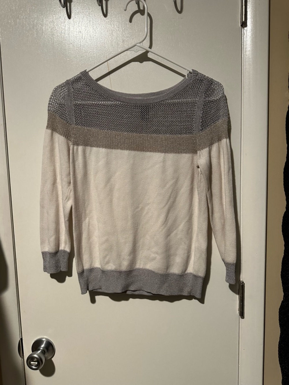 White House Black Market Cream Sweater with Gray Mesh Yoke